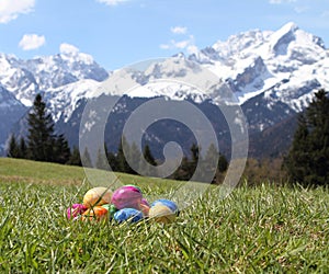 Easter eggs in grass in the mountains