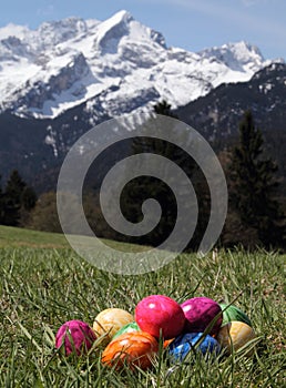 Easter eggs in grass in the mountains