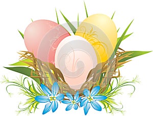 Easter eggs, grass and spring flowers