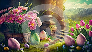 Easter eggs in grass and spring flowers in a basket on a landscape background. Easter concept