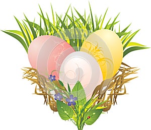 Easter eggs, grass, spring flowers and ladybird