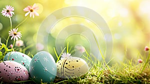 Easter eggs in grass on a sunny spring day. Happy Easter background. Easter decoration. Generative AI