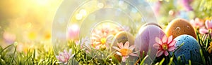 Easter eggs in grass on a sunny spring day. Happy Easter banner. Easter decoration. Generative AI
