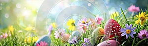 Easter eggs in grass on a sunny spring day. Happy Easter banner. Easter decoration. Generative AI