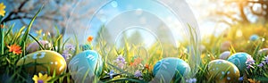 Easter eggs in grass on a sunny spring day. Happy Easter banner. Easter decoration. Generative AI