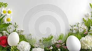 Easter eggs, grass and wild flowers border on white