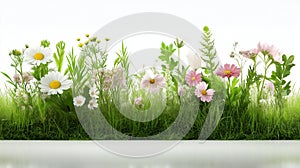 Easter eggs, grass and wild flowers border on white