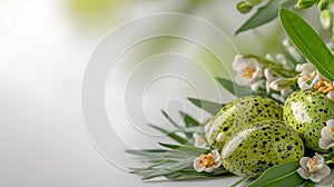 Easter eggs, grass and wild flowers border on white