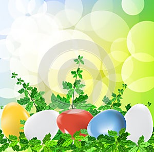 Easter eggs on green background