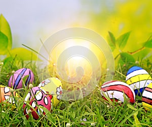 Easter eggs on green grass with bokeh background and sun ray