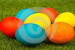 Easter eggs on green grass.