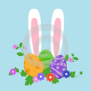Easter eggs in green grass with flowers, isolated on white background. Vector illustration.