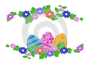 Easter eggs in green grass with flowers, isolated on white background. Vector illustration.