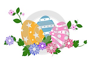 Easter eggs in green grass with flowers, isolated on white background. Vector illustration.