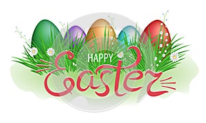 Easter eggs in green grass with flowers and lettering happy Easter on white background. Decorative element for design. Vector