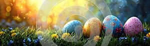 Easter eggs in the green grass illuminated by sunlight. Colourful Easter decoration. Happy Easter background. Generative AI