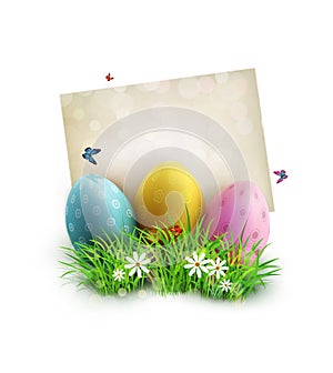 Easter eggs in green grass with white flowers, butterflies, vintage card