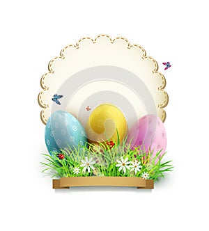 Easter eggs in green grass with white flowers, butterflies, vintage card for congratulation