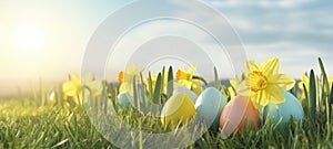 Easter eggs on green grass with yellow daffodils on a sunny spring day