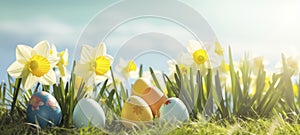 Easter eggs on green grass with yellow daffodils on a sunny spring day