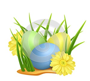 Easter eggs in green grass with yellow flowers isolated on white background. Vector image.