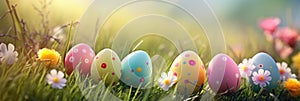 Easter eggs, green meadow on blurred background. Wide format banner