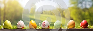 Easter eggs, green meadow on blurred background. Wide format banner