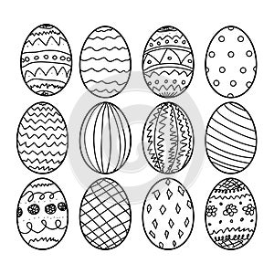 Easter eggs Hand drawn decorative elements in vector for coloring book. Black and white decorative pattern