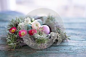 Easter eggs in a herb nest