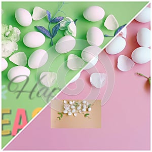 Easter eggs holiday card colorful pastel abstract modern template background   collage set illustration pink yellow blue white pin