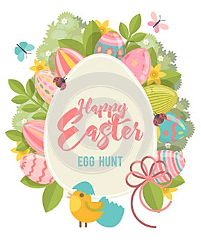 Easter eggs hunt colorful modern poster in pastel colors