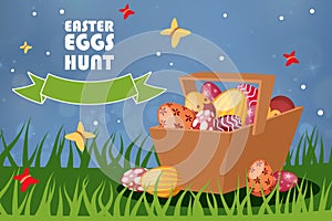 Easter eggs hunt template, vector illustration. Festive attribute different colors, print in wicker rural basket, flyear