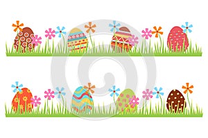 Easter eggs icons. Colorful eggs lie in grass with flowers. Flat cartoon design. Large set with eggs with different patterns.