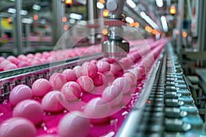 Easter eggs journey through a paint station, splashed with pink on a factory line. The image captures the blend of