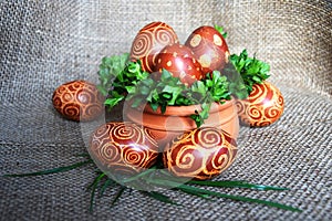 Easter Eggs with spiral pattern on jute
