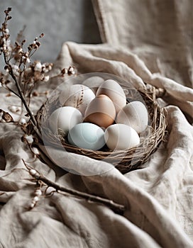 easter eggs on a linen cloth, in the style of dreamy and compositions,