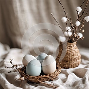 easter eggs on a linen cloth, in the style of dreamy and compositions,