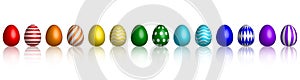 Easter Eggs. Lining with different colors and patterns. Rainbow colored three-dimensional isolated vector illustration