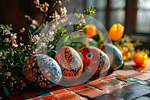 Easter eggs lit by the warm afternoon sun on the windowsill.