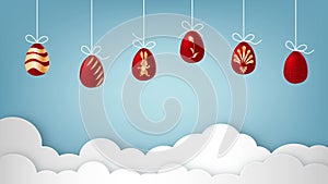 Easter eggs in a luxury style fall on top and hanging on a white rope. 2D Animation on a blue sky background.