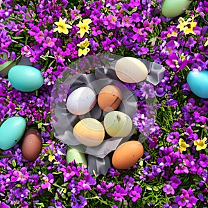 Easter eggs lying in purple and yellow spring flowers ai Generated, generative AI, CGI graphics