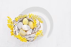 Easter eggs and mimosa wreath on a white background. Top view, copy space for text