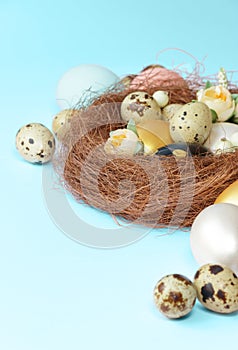 Easter eggs in a nest on a blue background. Copy space. Easter day.