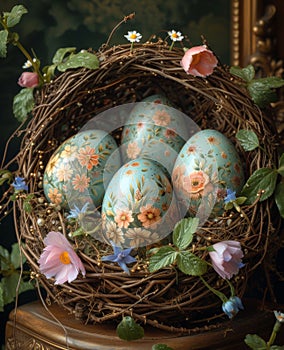 Easter eggs in nest with flowers