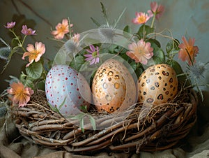 Easter eggs in nest. Painted eggs set in a basket with feathers and some flowers