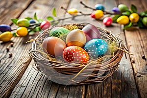 Easter Eggs in Nest on Rustic Wooden Table