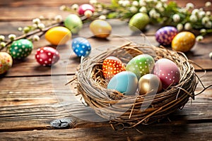 Easter Eggs in Nest on Rustic Wooden Table