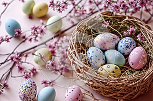 Easter Eggs in a Nest Among Spring Blossoms