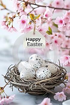 Easter eggs in a nest with spring blossoms and festive greeting AI Generated.