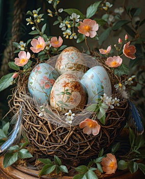 Easter eggs in nest with spring flowers